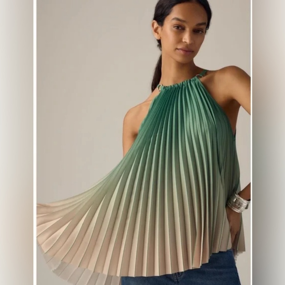 By Anthropologie Halter Ombre Asymmetrical Pleated Tank Green  XS Evening Chic